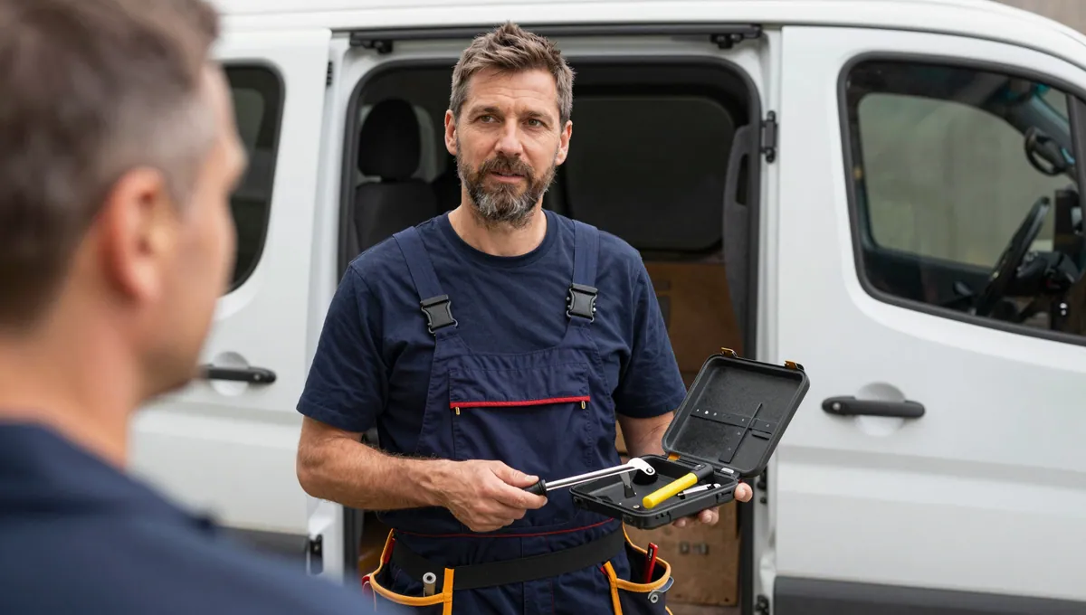 Fachkraft nimmt eine geöffnete Werkzeugbox aus dem Transporter