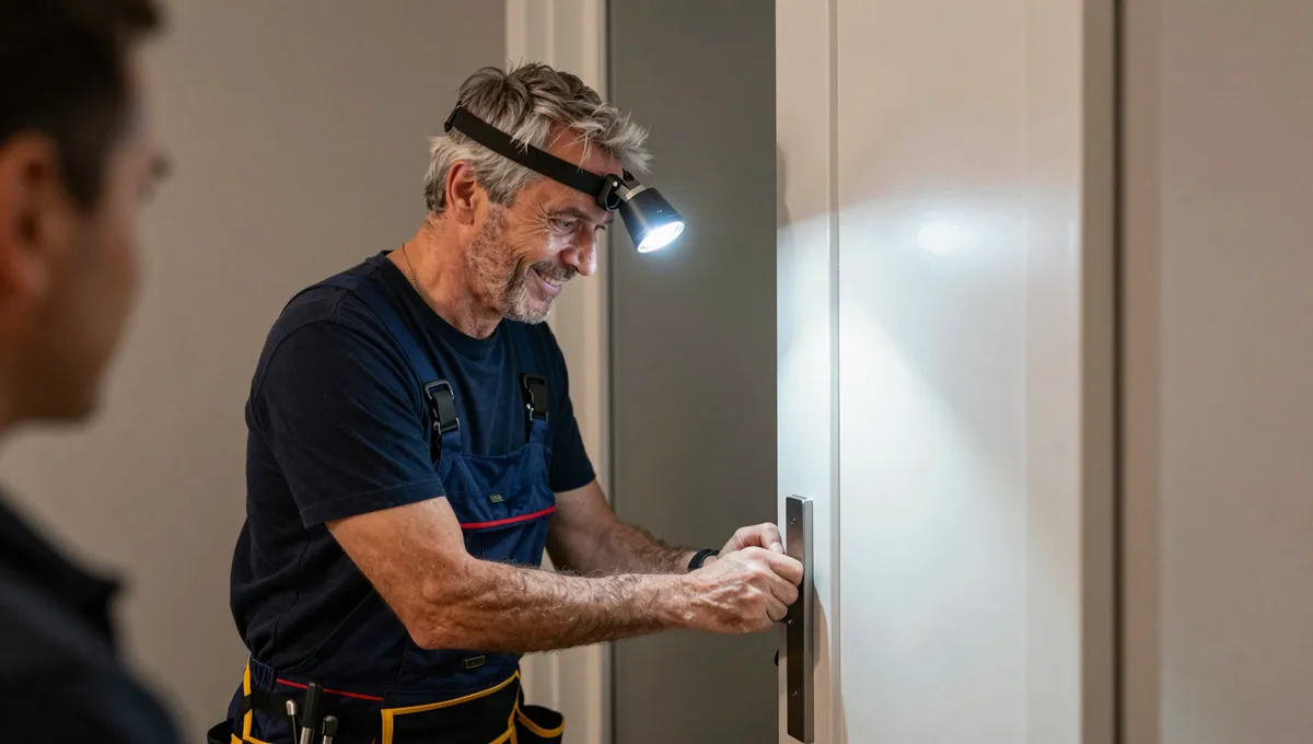 Fachkraft mit Stirnlampe arbeitet an einem Hauseingang