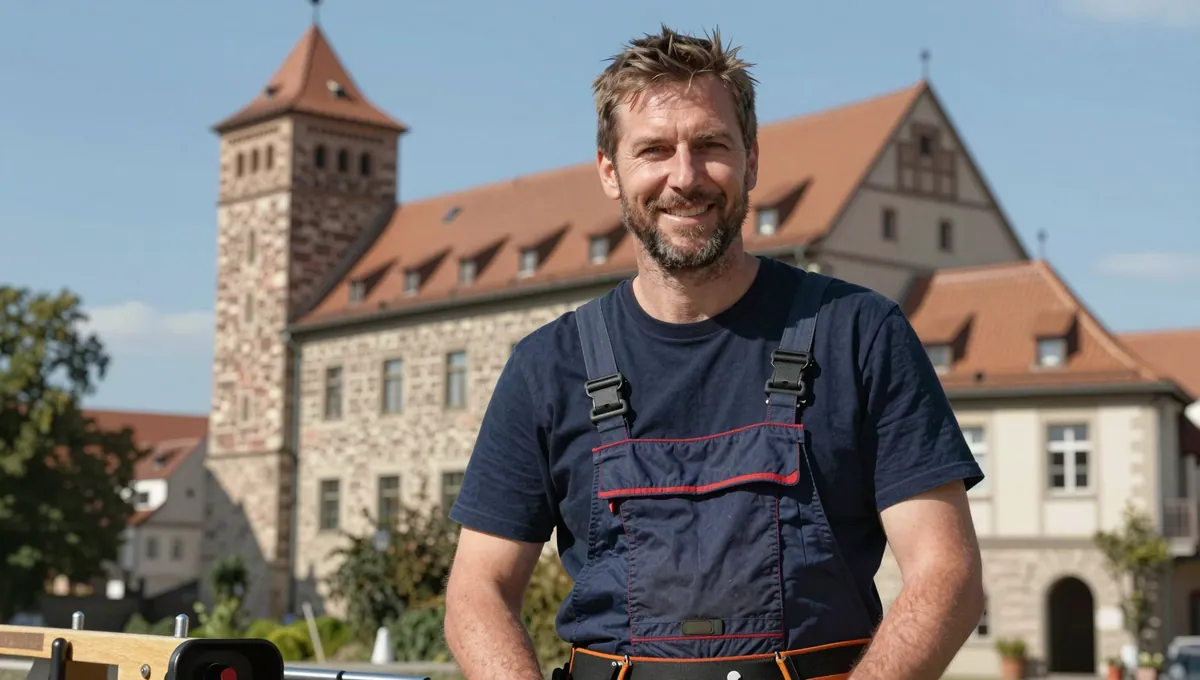 Fachkraft in Arbeitskleidung vor der Nürnberger Kaiserburg