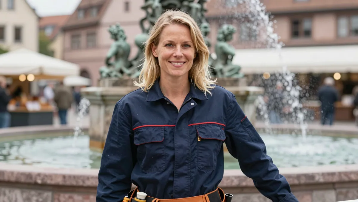 Fachkraft in Arbeitskleidung vor dem Schönen Brunnen am Nürnberger Hauptmarkt