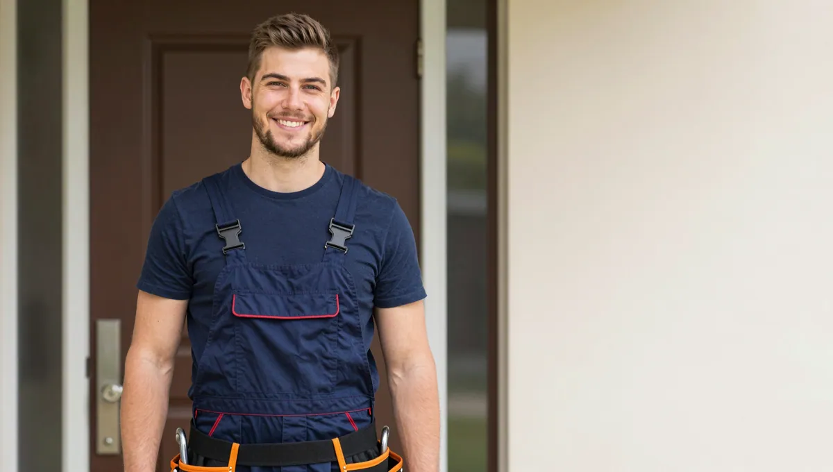 Fachkraft in Arbeitskleidung in einem Hauseingang