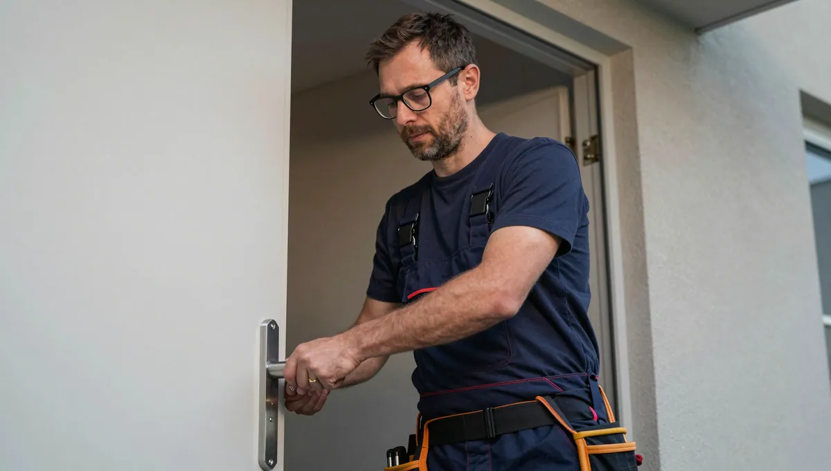 Fachkraft prüft den Türgriff einer Wohnungstür